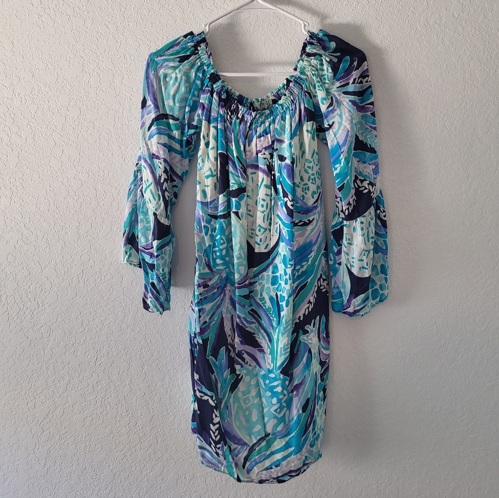 Lilly Pulitzer Nevie off-the-shoulder dress in the "Bright Navy Alotta Colada"